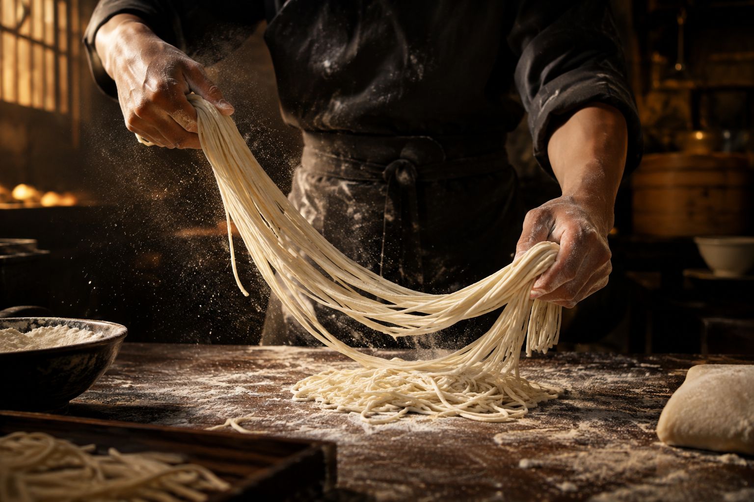 Le mani dello chef mentre tira la pasta fresca sul banco infarinato