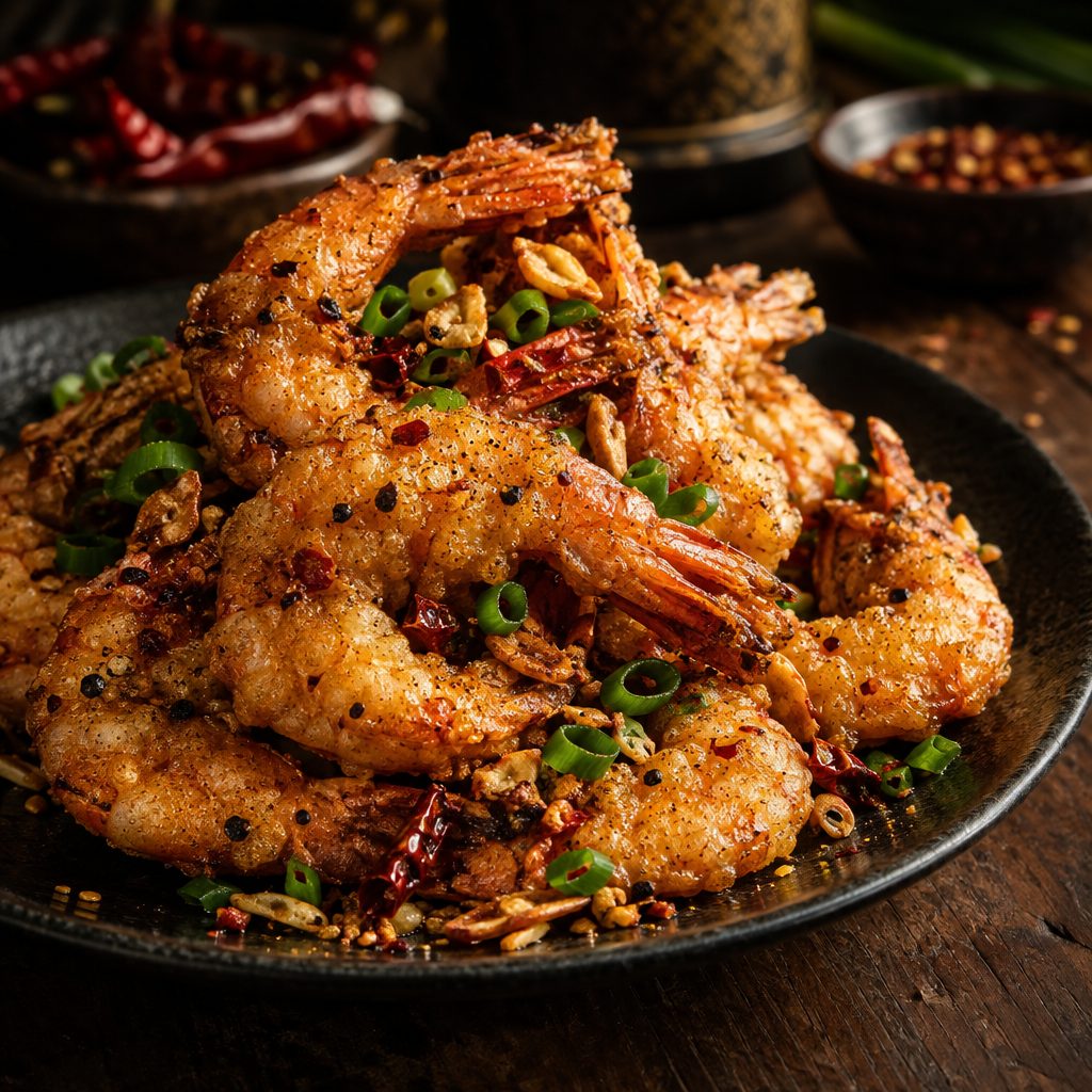Gamberi sale e pepe con aglio fritto e peperoncino