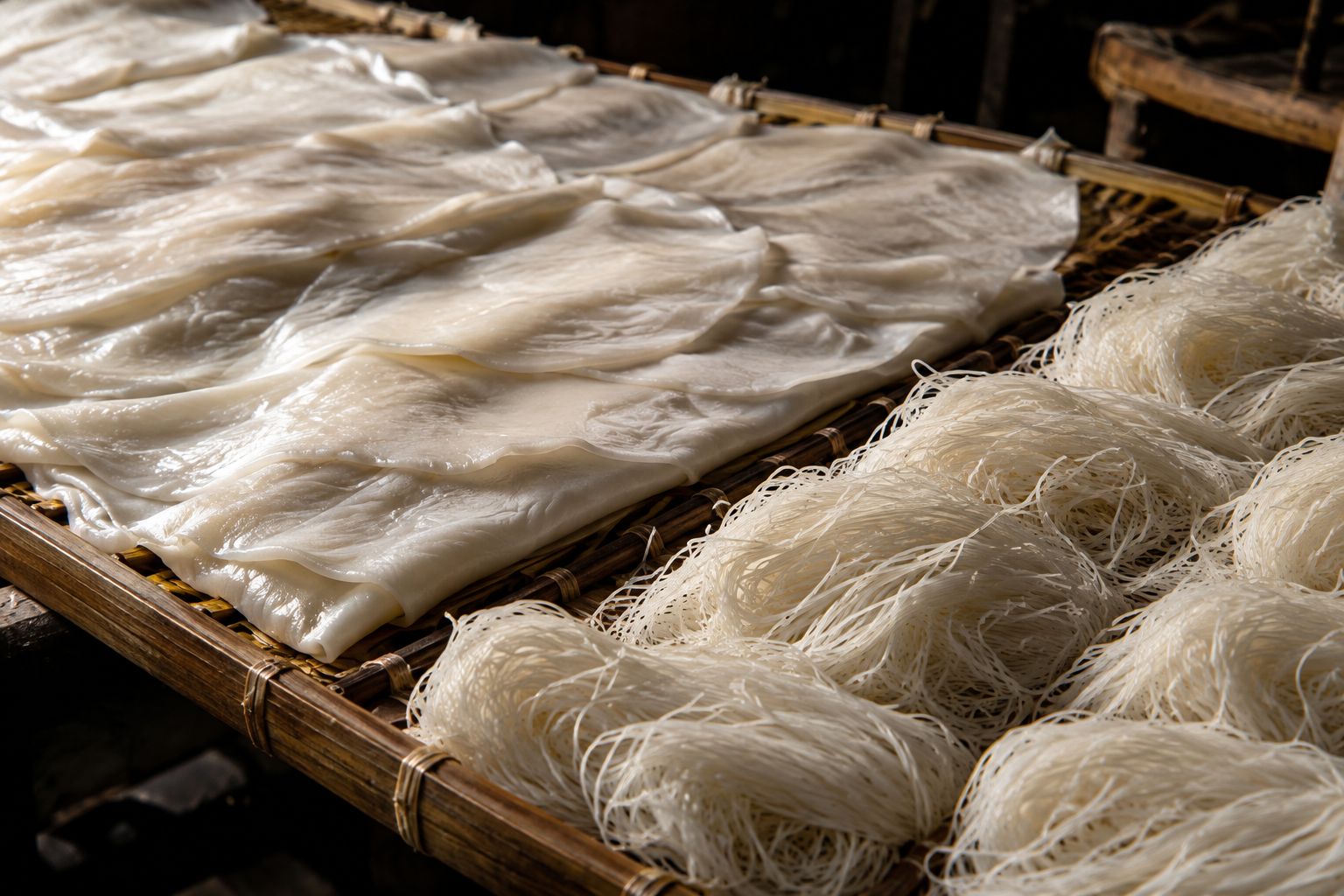 Noodles di riso stesi ad asciugare su un graticcio di bambù